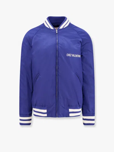 Valentino Blue Bomber Jacket In Printed Polyamide With Zip And High Collar