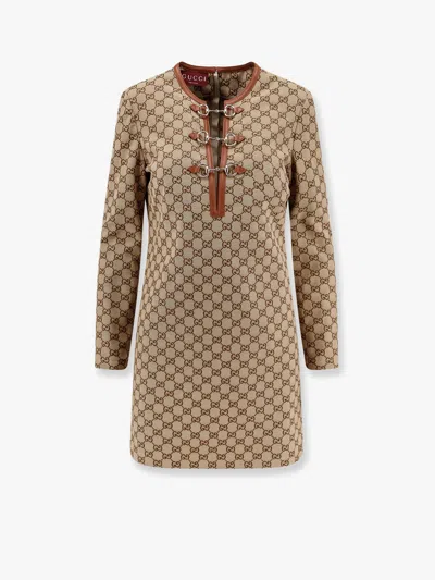 Gucci Beige Crewneck Mini Dress With Horsebit On The Front In Gg Canvas Woman