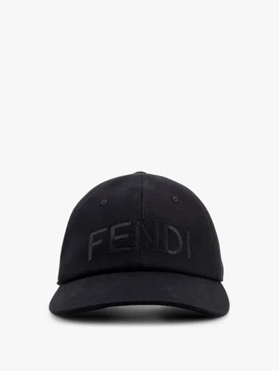 Fendi Men Wool Blend Baseball Hat With Logo Embroidery In Black