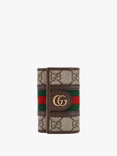 Gucci Gg Supreme Fabric And Leather Key Ring In Brown