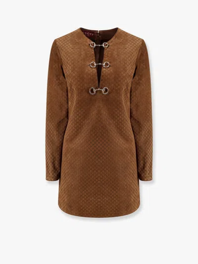 Gucci Brown Dress With Front Horsebit Details And All-over Gg Motif In Suede Woman In Brown