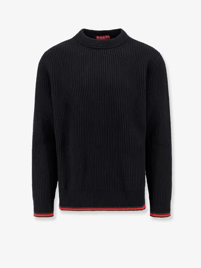 Gucci Black Crewneck Sweater With Web Detail In Ribbed Wool Blend Man