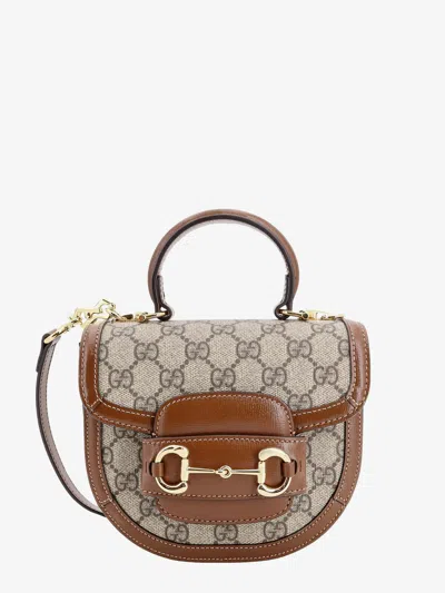 Gucci Women Gg Supreme Fabric And Leather Handbag With Iconic Horsebit