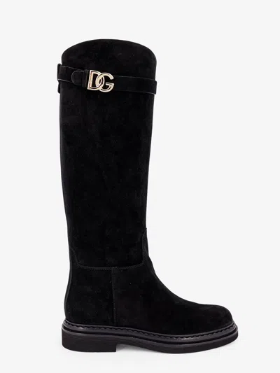 Dolce & Gabbana Black High Boots With Dg Logo In Suede Woman