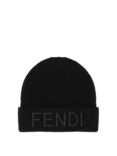Fendi Men Black Beanie With Maxi Logo Lettering On Front In Wool Man In Black