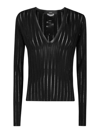 Sapio Sheer Striped V-neck Knit Sweater In Black