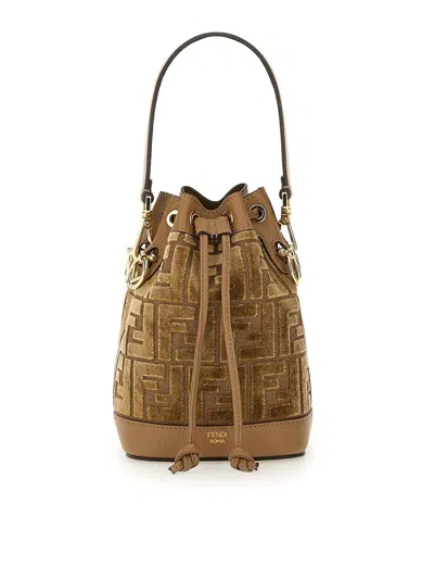 Fendi Mini Leather Bucket Bag With Monogram Pattern In Beige