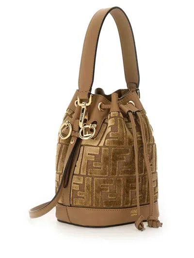 Fendi Mini Leather Bucket Bag With Monogram Pattern In Beige