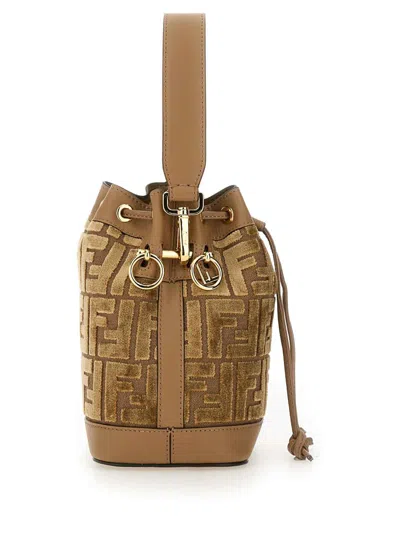 Fendi Mini Leather Bucket Bag With Monogram Pattern In Beige