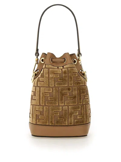 Fendi Mini Leather Bucket Bag With Monogram Pattern In Beige