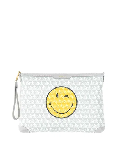 Anya Hindmarch Smiley Face Graphic Print Wrist Strap Clutch In White