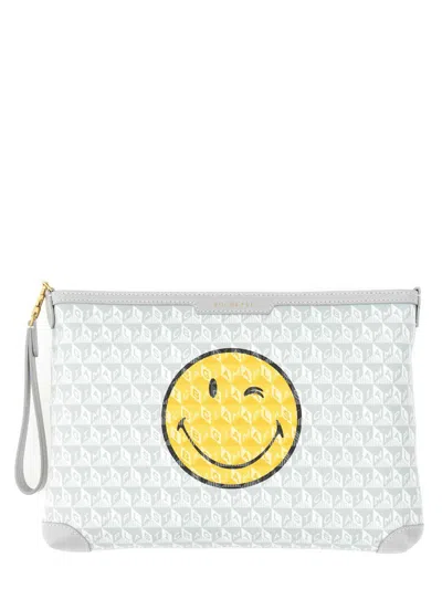 Anya Hindmarch Smiley Face Graphic Print Wrist Strap Clutch In White