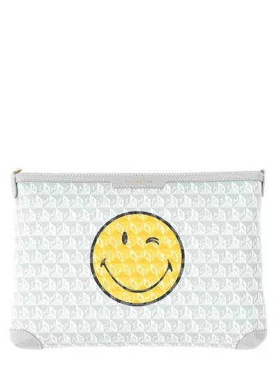 Anya Hindmarch Smiley Face Graphic Print Wrist Strap Clutch In White