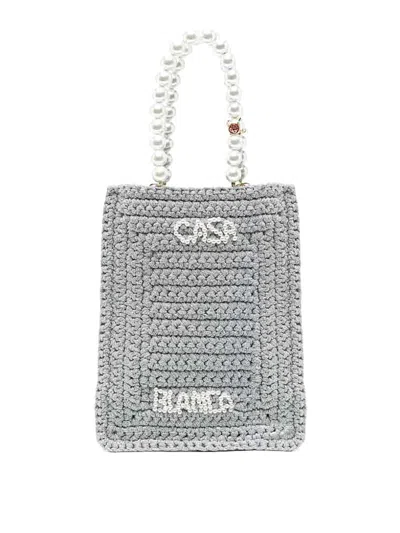 Casablanca Crochet Chain Shoulder Bag With Pearl Handle In Grey