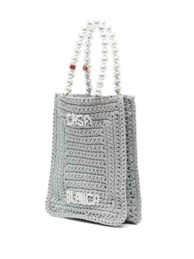 Casablanca Crochet Chain Shoulder Bag With Pearl Handle In Grey