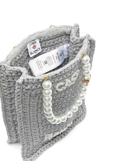Casablanca Crochet Chain Shoulder Bag With Pearl Handle In Grey