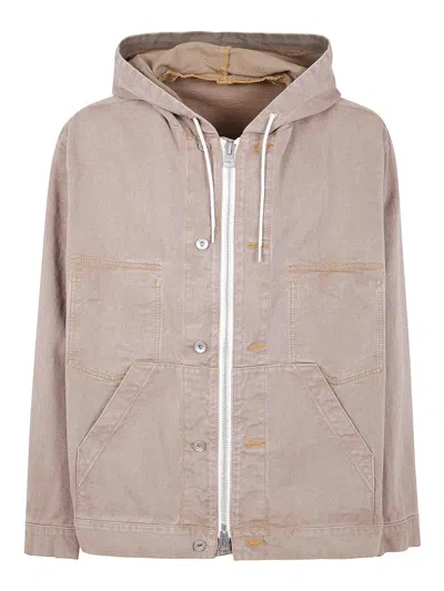 Sacai Denim Jacket With Adjustable Hem And Hood In Nude & Neutrals