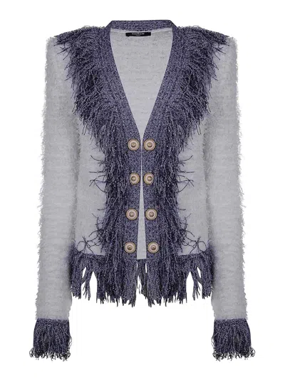 Balmain Women's Collarless Glittered Fringed Tweed Jacket In White