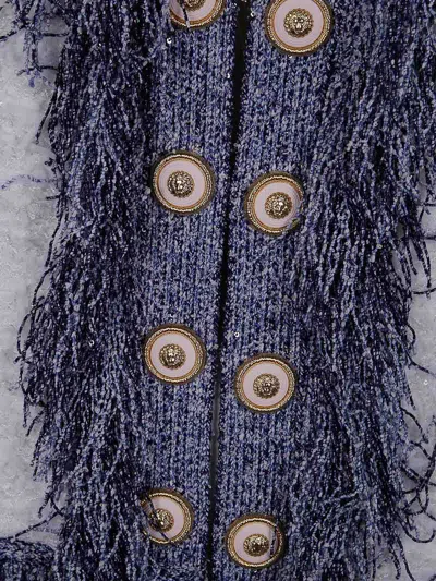 Balmain Women's Collarless Glittered Fringed Tweed Jacket In White