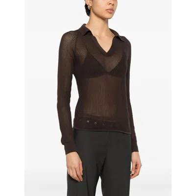 Paloma Wool Dandy Open Stitch Long Sleeve Polo In Brown
