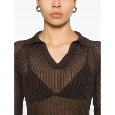 Paloma Wool Dandy Open Stitch Long Sleeve Polo In Brown