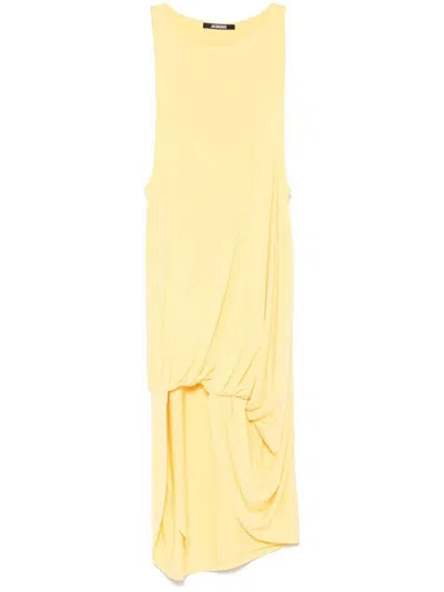 Jacquemus Draped Yellow Mini Dress With Unique Hem Knot In Yellow