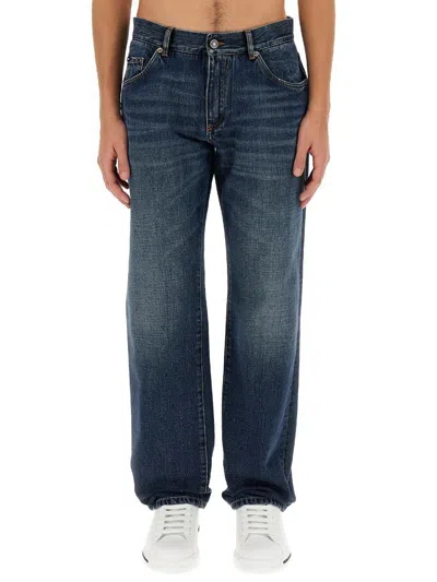 Shop Dolce & Gabbana Jeans With Logo Plaque In Navy
