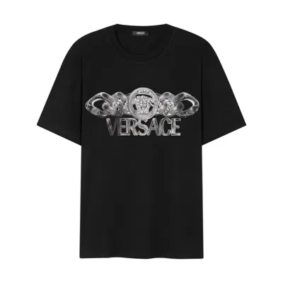 Versace Black T-shirt With Medusa Head Logo Print On The Front In Cotton Man
