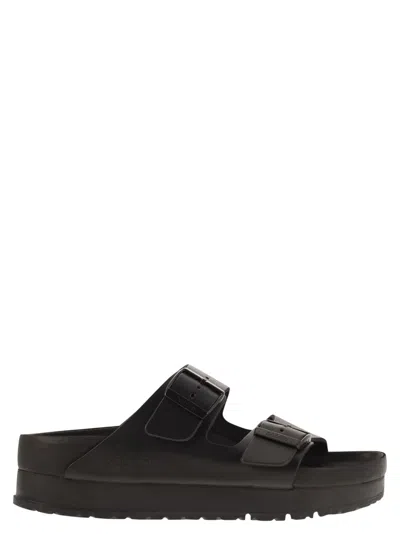 Birkenstock Black Leather Platform Sandals With Two Straps And Metal Buckles