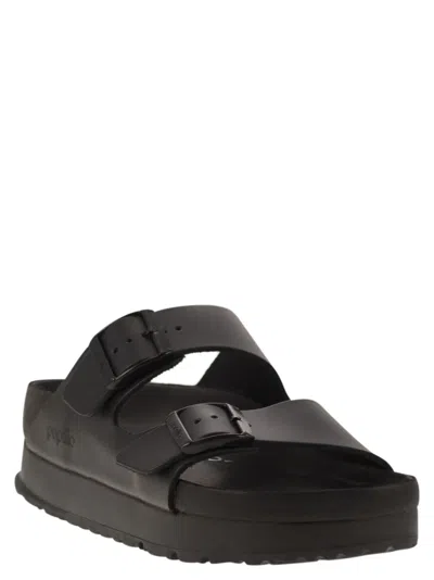 Birkenstock Black Leather Platform Sandals With Two Straps And Metal Buckles