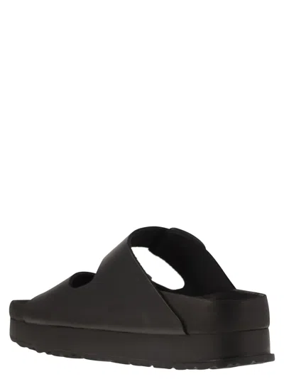 Birkenstock Black Leather Platform Sandals With Two Straps And Metal Buckles