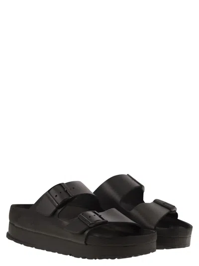 Birkenstock Black Leather Platform Sandals With Two Straps And Metal Buckles