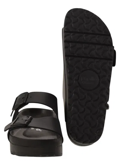 Birkenstock Black Leather Platform Sandals With Two Straps And Metal Buckles