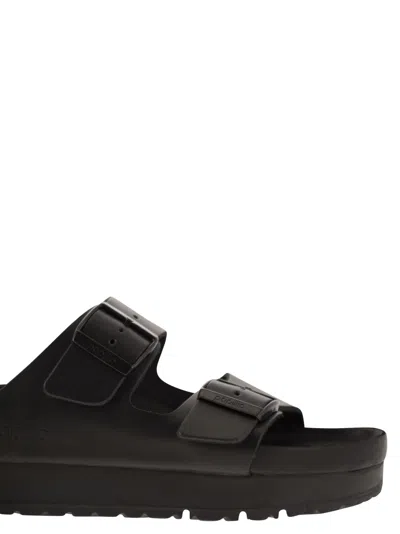 Birkenstock Black Leather Platform Sandals With Two Straps And Metal Buckles