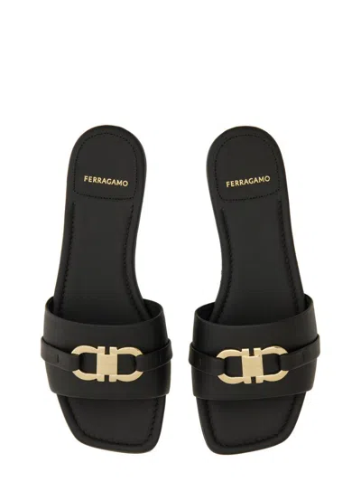 Ferragamo Square Lambskin Sandals Gold-tone Hardware In Black