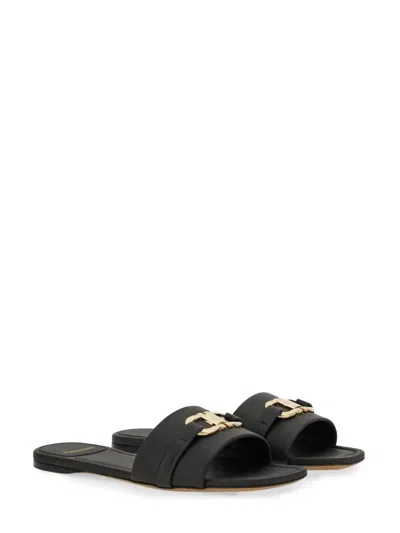 Ferragamo Square Lambskin Sandals Gold-tone Hardware In Black
