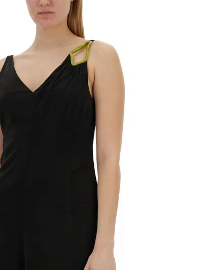 Lanvin Black Midi Dress With Asymmetrical Shoulder Detail In Black
