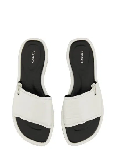 Premiata Sleek White Slide Sandal With Lamb Leather Upper In White