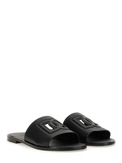 Dolce & Gabbana Black Sandals With Dg Logo Cut-out In Leather Man In Black