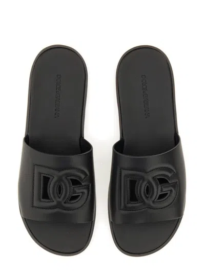 Dolce & Gabbana Black Sandals With Dg Logo Cut-out In Leather Man In Black