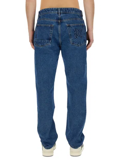 Palm Angels Monogram-embossed Straight-leg Jeans In Baby Blue