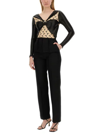 Marine Serre Draped Viscose Bodysuit With Crescent Moon Print Design For Women In Black