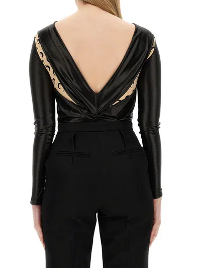 Marine Serre Draped Viscose Bodysuit With Crescent Moon Print Design For Women In Black