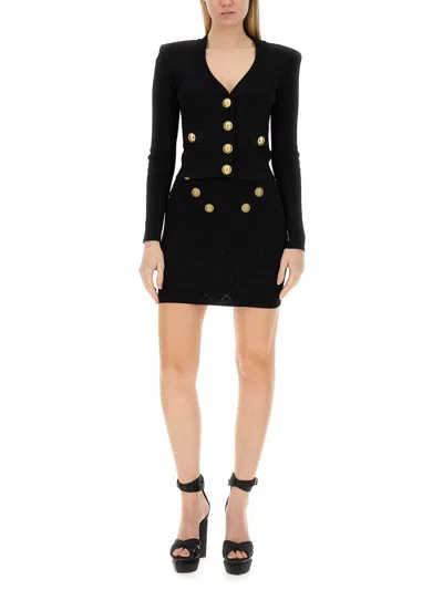 Balmain Fitted Knit Skirt With Textured Pattern In Black