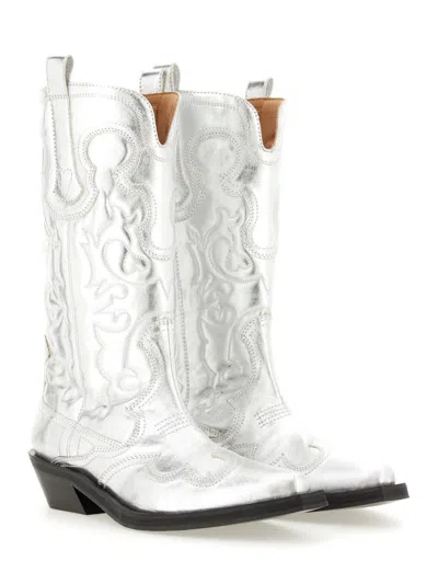Ganni Recycled Metallic Embroidered Western Boots In Silver