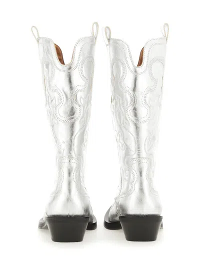 Ganni Recycled Metallic Embroidered Western Boots In Silver
