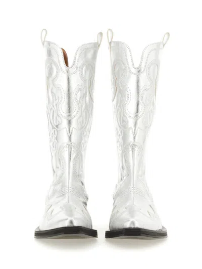 Ganni Recycled Metallic Embroidered Western Boots In Silver