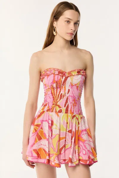Poupette St Barth Cory Smocked Strapless Dress In Pink Macro Lilium