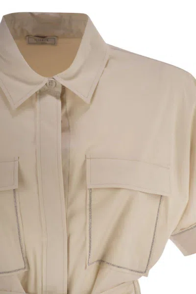 Peserico Dress Chest Pockets Short Sleeves Waist Tie In Beige