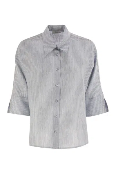 Peserico Women Pure Linen Striped Canvas Shirt In Blue